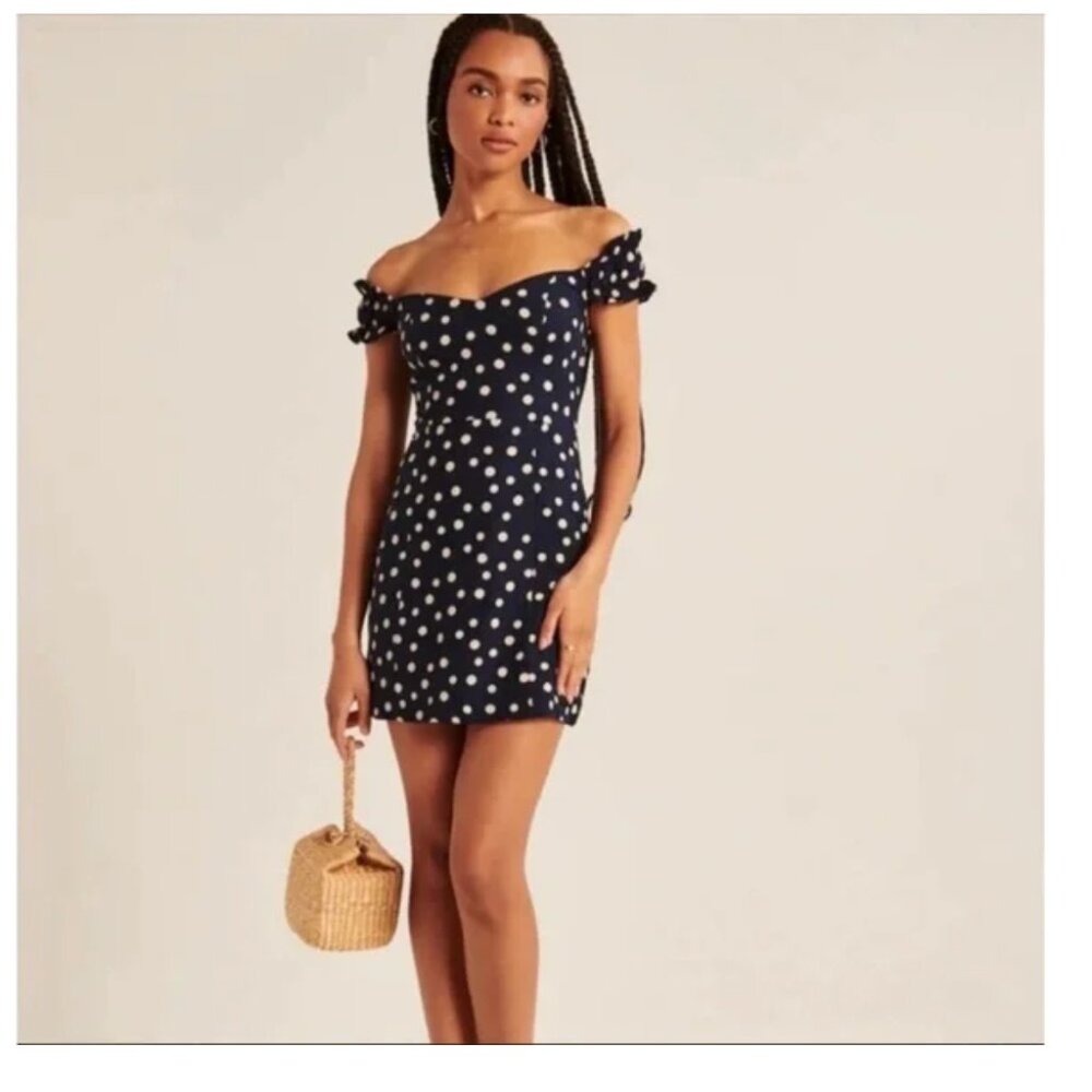Abercrombie & Fitch Navy Blue Polka Dot Off-the-Shoulder Mini Dress